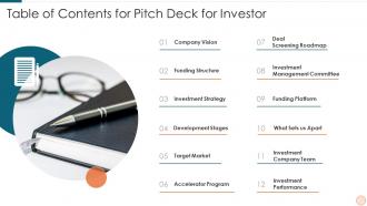 Table of contents for pitch deck for investor ppt template