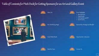 Table Of Contents For Pitch Deck Getting Sponsors Art Gallery Event Ppt Layout
