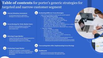 Table Of Contents For Porters Generic Strategies For Targeted And Narrow Customer Segment