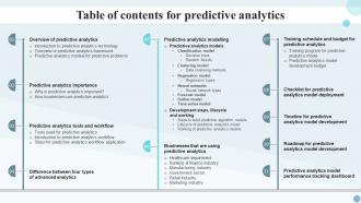 Table Of Contents For Predictive Analytics Ppt Summary Maker