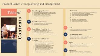 Table Of Contents For Product Launch Event Planning And Management