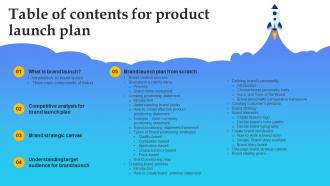 Table Of Contents For Product Launch Plan Ppt Powerpoint Presentation File Styles Branding SS V