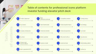 Table Of Contents For Professional Icons Platform Investor Funding Elevator Pitch Deck