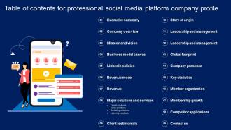 Table Of Contents For Professional Social Media Platform Company Profile