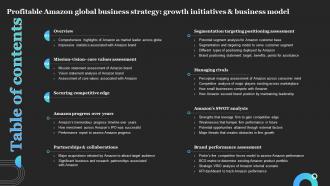 Table Of Contents For Profitable Amazon Global Business Strategy Growth Initiatives And Business Model
