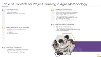 Table of contents for project planning in agile methodology