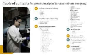 Table Of Contents For Promotional Plan For Medical Care Company Strategy SS V