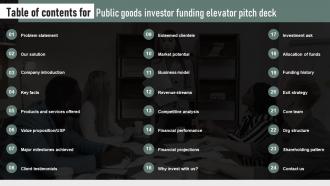 Table Of Contents For Public Goods Investor Funding Elevator Pitch Deck