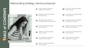 Table Of Contents For Rebranding Strategy Service Proposal Ppt Powerpoint Presentation File Rules
