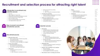Table Of Contents For Recruitment And Selection Process For Attracting Right Talent
