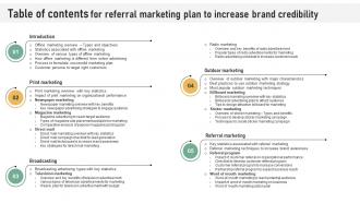Table Of Contents For Referral Marketing Plan To Increase Brand Credibility Strategy SS V