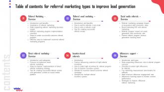 Table Of Contents For Referral Marketing Types To Improve Lead Generation MKT SS V