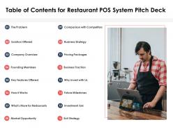 Table of contents for restaurant pos system pitch deck