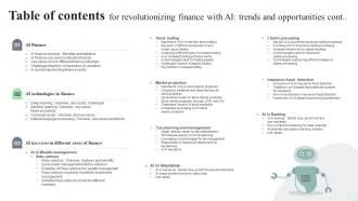 Table Of Contents For Revolutionizing Finance With AI Trends And Opportunities AI SS V