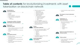 Table Of Contents For Revolutionizing Investments With Asset Tokenization On Blockchain Network BCT SS