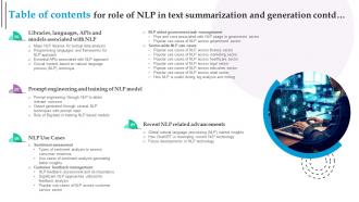 Table Of Contents For Role Of NLP In Text Summarization And Generation AI SS V Analytical Impactful