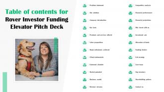 Table Of Contents For Rover Investor Funding Elevator Pitch Deck