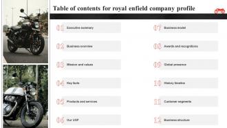 Table Of Contents For Royal Enfield Company Profile CP SS