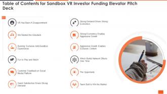Table of contents for sandbox vr investor funding elevator pitch deck