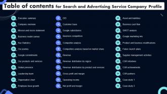 Table Of Contents For Search And Advertising Service Company Profile CP SS V