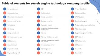 Table Of Contents For Search Engine Technology Company Profile CP SS V