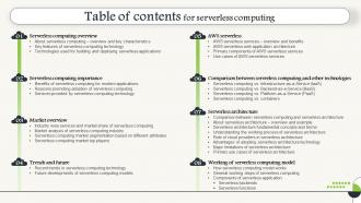 Table Of Contents For Serverless Computing Ppt Infographic Template Example File
