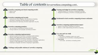 Table Of Contents For Serverless Computing Ppt Infographic Template Example File Researched Multipurpose