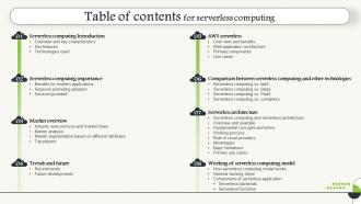 Table Of Contents For Serverless Computing V2 Ppt Infographic Template Pictures