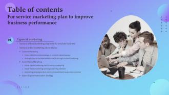 Table Of Contents For Service Marketing Plan To Improve Business Performance