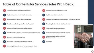 Table of contents for services sales pitch deck ppt inspiration outfit