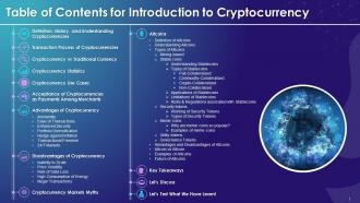 Table Of Contents For Session On Introduction To Cryptocurrency Training Ppt