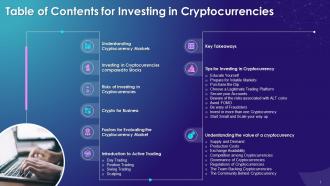 Table Of Contents For Session On Investing In Cryptocurrencies Training Ppt