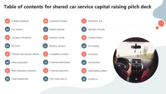 Table Of Contents For Shared Car Service Capital Raising Pitch Deck