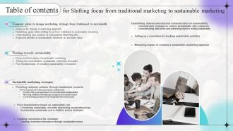 Table Of Contents For Shifting Focus From Traditional Marketing To Sustainable Marketing