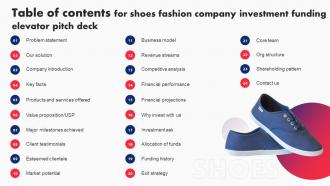 Table Of Contents For Shoes Fashion Company Investment Funding Elevator Pitch Deck