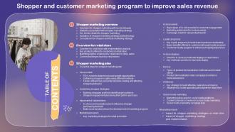 Table Of Contents For Shopper And Customer Marketing Program To Improve Sales Revenue