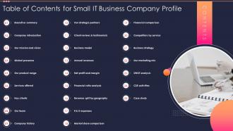 Table Of Contents For Small It Business Company Profile Ppt Gallery Background Designs