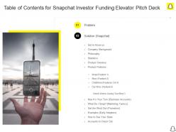 Table of contents for snapchat investor funding elevator pitch deck
