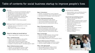 Table Of Contents For Social Business Startup To Improve Peoples Lives