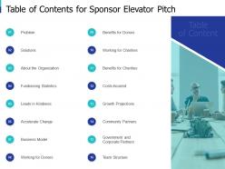Table of contents for sponsor elevator pitch sponsor elevator sponsor elevator ppt vector