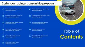 Table Of Contents For Sprint Car Racing Sponsorship Proposal Ppt Pictures Example