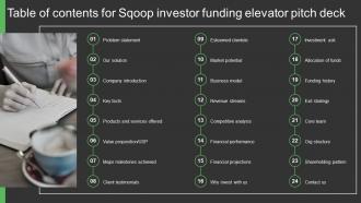Table Of Contents For Sqoop Investor Funding Elevator Pitch Deck
