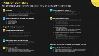 Table Of Contents For Strategic Corporate Management To Gain Competitive Advantage