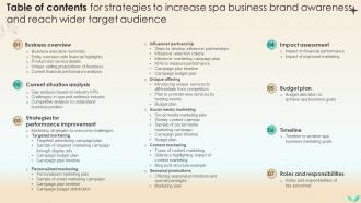 Table Of Contents For Strategies To Increase Spa Business Brand Awareness And Reach Strategy SS V