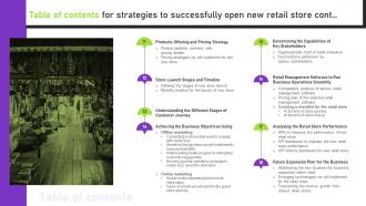 Table Of Contents For Strategies To Successfully Open New Retail Store Image Slides