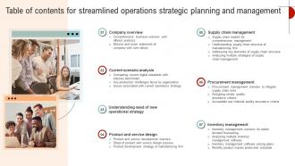 Table Of Contents For Streamlined Operations Strategic Planning And Management Strategy SS V