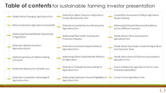 Table Of Contents For Sustainable Farming Investor Presentation Ppt Powerpoint Presentation File Styles