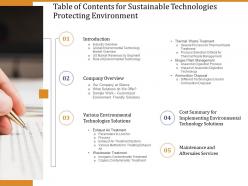 Table of contents for sustainable technologies protecting environment ppt smartart