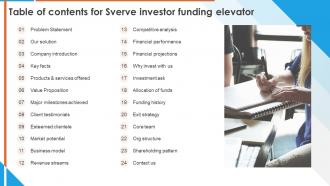 Table Of Contents For Sverve Investor Funding Elevator