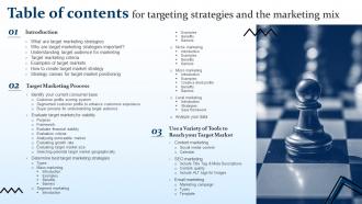 Table Of Contents For Targeting Strategies And The Marketing Mix Ppt Professional Graphics Template